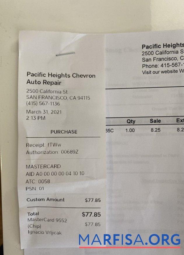 Printable Pacific heights chevron auto repair payment receipt template